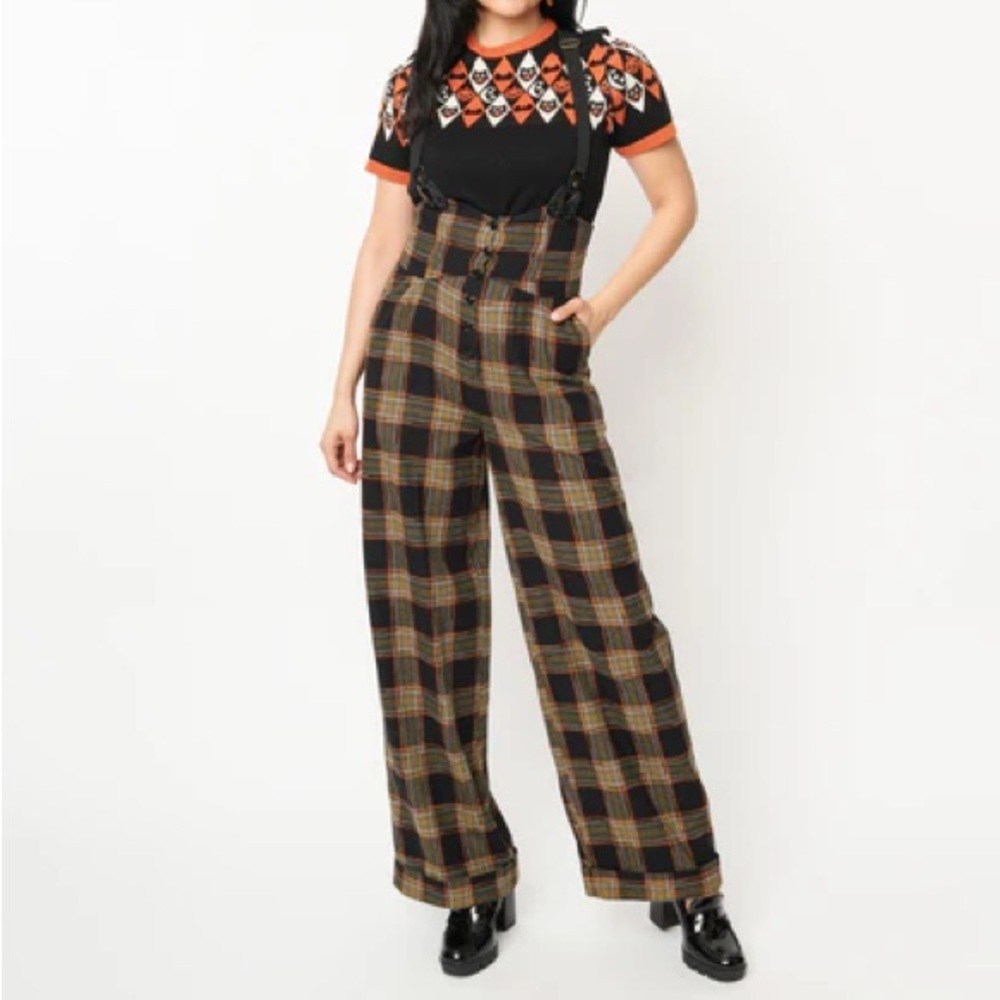 Black Orange Fall Plaid Vintage Retro High Waisted Thelma Suspender Pants XS